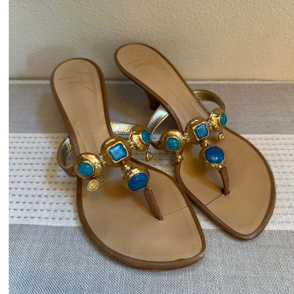 Giuseppe Zanotti Shanti Vintage Jewel Turquoise Gold Kitten Heel Mules Size 7.5